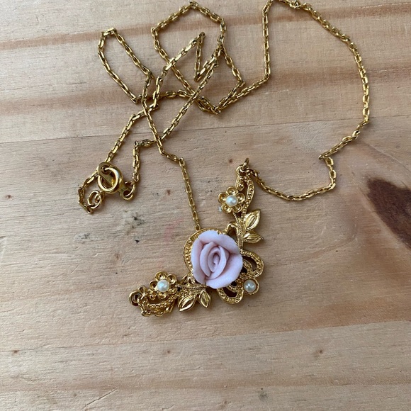 Gold Necklace with Pink Rose Pendant - Picture 2 of 3